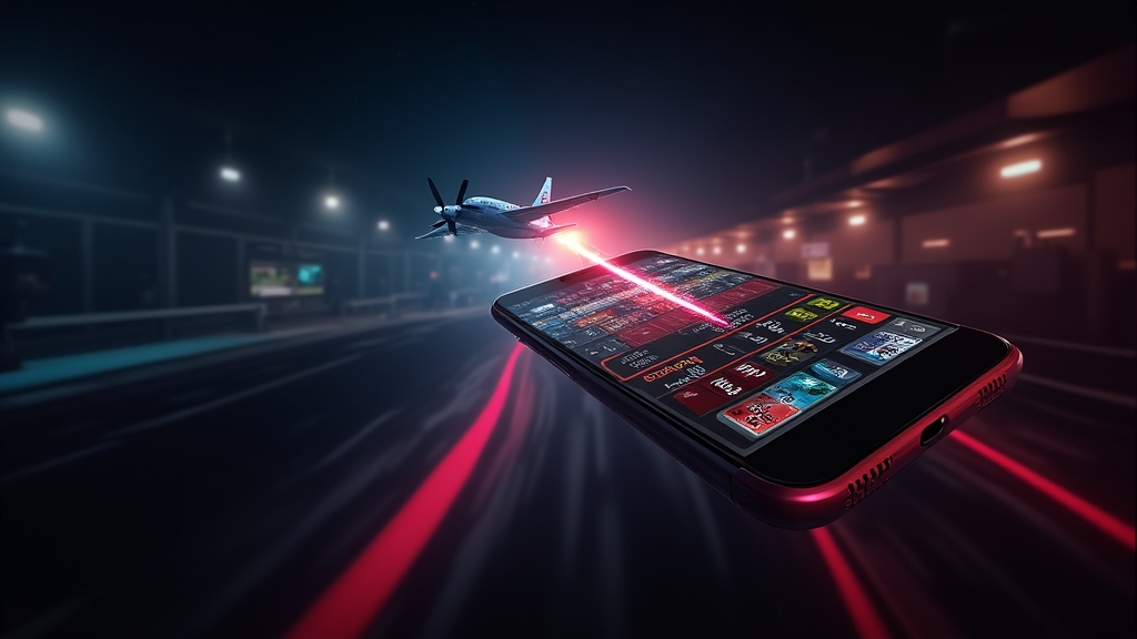 Pantalla móvil con un juego tipo Aviator y ambiente de casino oscuro